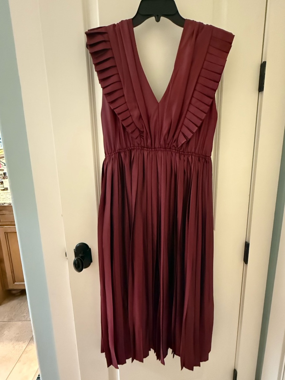 V-Neck Pleated Midi Dress in Burgundy